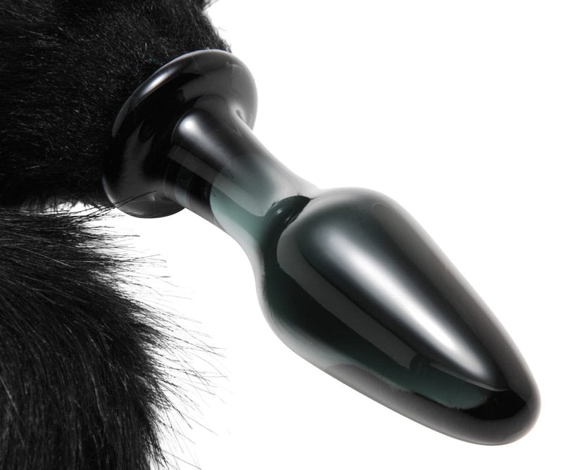 XR Brands Tailz - Glass Anal Plug With Fox Tail - Black