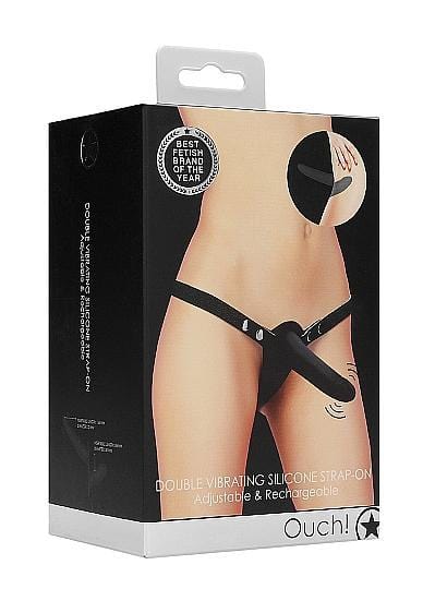 Ouch! Double Vibrating Silicone Strap-On - Adjustable - Black - Shots