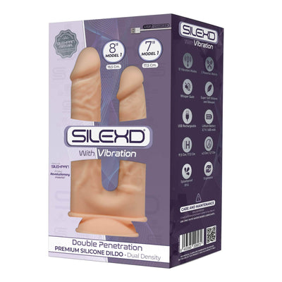 Silexd ( Double Penetration 8"& 7" ) Model 1 With Vibration - Flesh , Thermo Reactive Premium Silicone Memory dildo