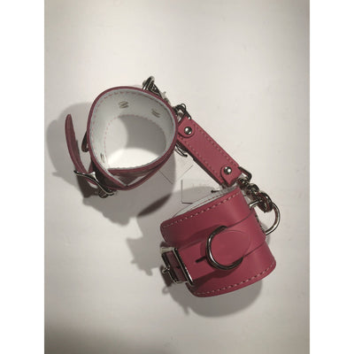 Pink and White Leather Cuff and Connector Set  M/L - Wicked Wanda's Inc.