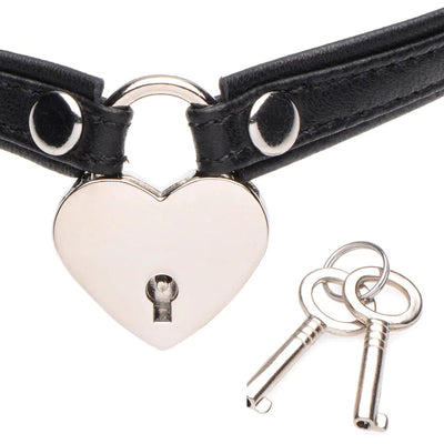XR Brands Master Series Heart Lock and Key Leather Choker in Black