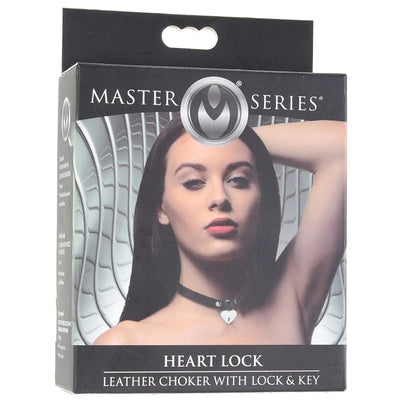 XR Brands Master Series Heart Lock and Key Leather Choker in Black